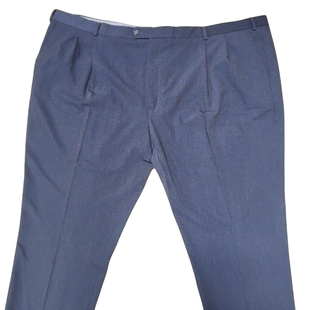 Paul Fredrick Pants Mens 56x31 Blue Microfiber Pleated Dress Classic Stretch